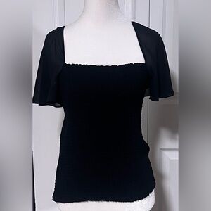 Women's Theory Sheer Sleeved Smocked Top in Black